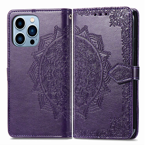 Leather Case Stands Fashionable Pattern Flip Cover H06 Holder for Apple iPhone 14 Pro Max Purple