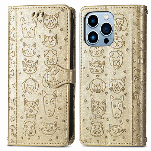 Leather Case Stands Fashionable Pattern Flip Cover H12 Holder for Apple iPhone 14 Pro Max Gold