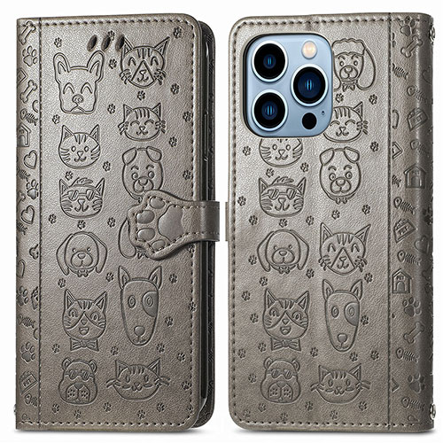 Leather Case Stands Fashionable Pattern Flip Cover H12 Holder for Apple iPhone 15 Pro Gray