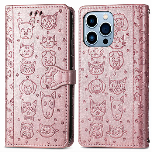 Leather Case Stands Fashionable Pattern Flip Cover H12 Holder for Apple iPhone 15 Pro Max Rose Gold