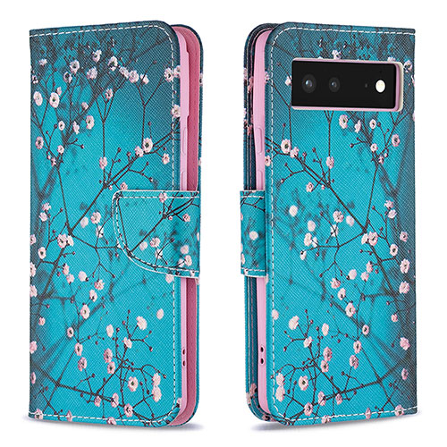 Leather Case Stands Fashionable Pattern Flip Cover Holder B01F for Google Pixel 6 5G Cyan