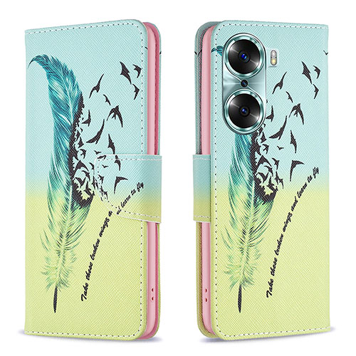 Leather Case Stands Fashionable Pattern Flip Cover Holder B01F for Huawei Honor 60 Pro 5G Matcha Green