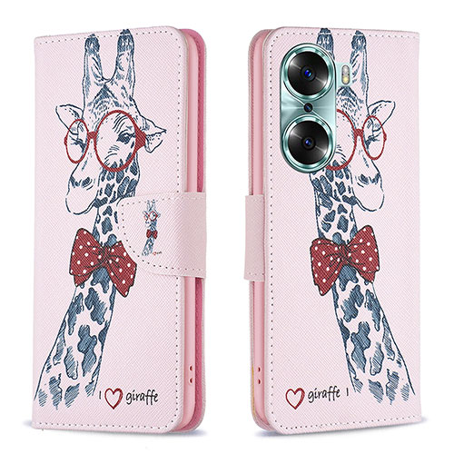 Leather Case Stands Fashionable Pattern Flip Cover Holder B01F for Huawei Honor 60 Pro 5G Pink