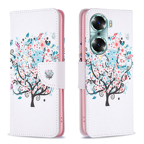 Leather Case Stands Fashionable Pattern Flip Cover Holder B01F for Huawei Honor 60 Pro 5G White