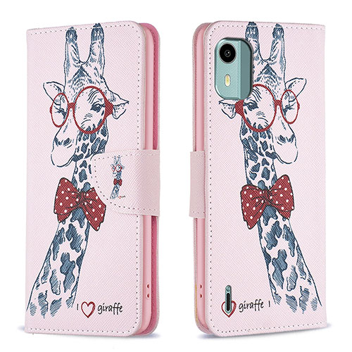 Leather Case Stands Fashionable Pattern Flip Cover Holder B01F for Nokia C12 Plus Pink