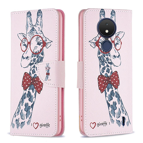 Leather Case Stands Fashionable Pattern Flip Cover Holder B01F for Nokia C21 Pink