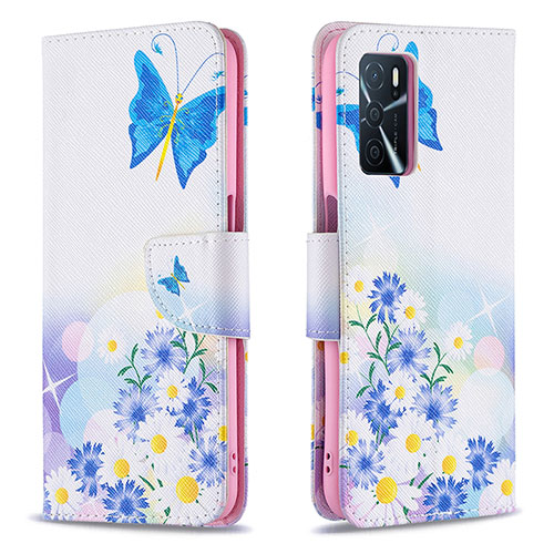 Leather Case Stands Fashionable Pattern Flip Cover Holder B01F for Oppo A16 Blue