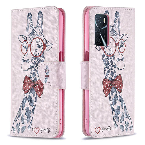 Leather Case Stands Fashionable Pattern Flip Cover Holder B01F for Oppo A16 Pink