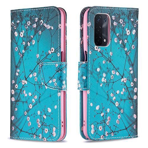 Leather Case Stands Fashionable Pattern Flip Cover Holder B01F for Oppo A54 5G Cyan