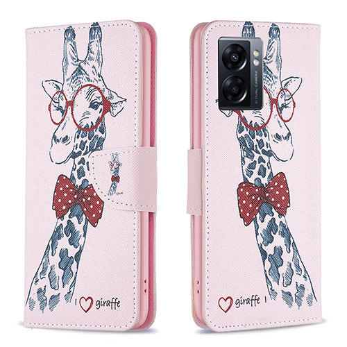 Leather Case Stands Fashionable Pattern Flip Cover Holder B01F for Oppo A57 5G Pink