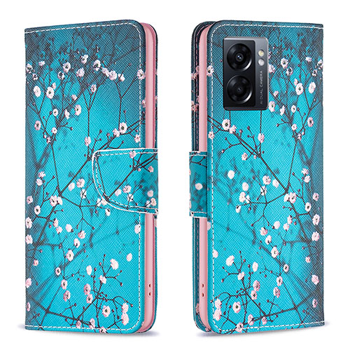 Leather Case Stands Fashionable Pattern Flip Cover Holder B01F for Oppo A77 5G Cyan