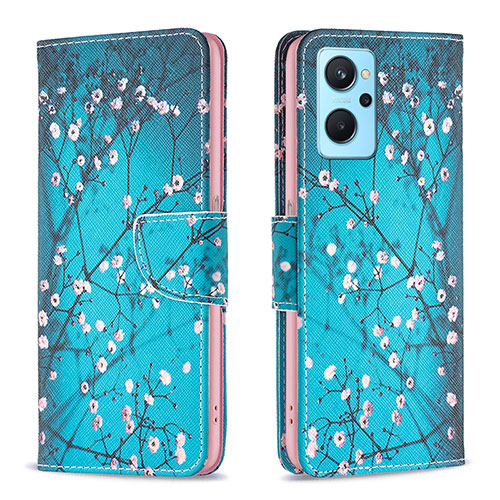 Leather Case Stands Fashionable Pattern Flip Cover Holder B01F for Oppo A96 4G Cyan