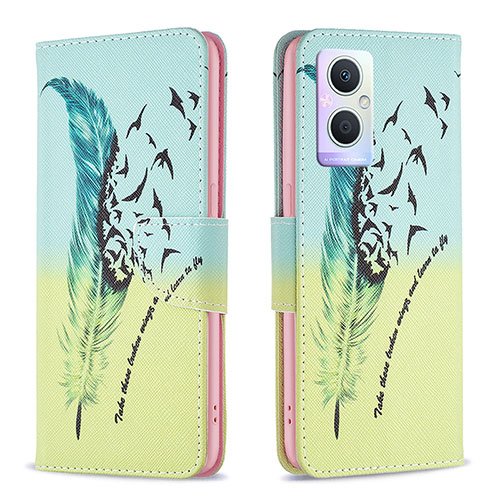 Leather Case Stands Fashionable Pattern Flip Cover Holder B01F for Oppo A96 5G Matcha Green