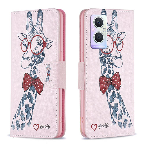 Leather Case Stands Fashionable Pattern Flip Cover Holder B01F for Oppo F21 Pro 5G Pink