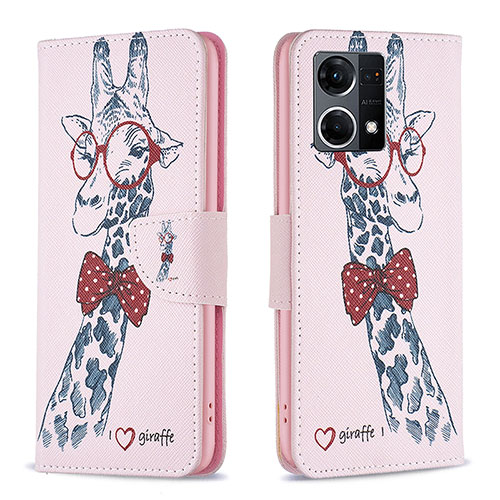 Leather Case Stands Fashionable Pattern Flip Cover Holder B01F for Oppo F21s Pro 4G Pink