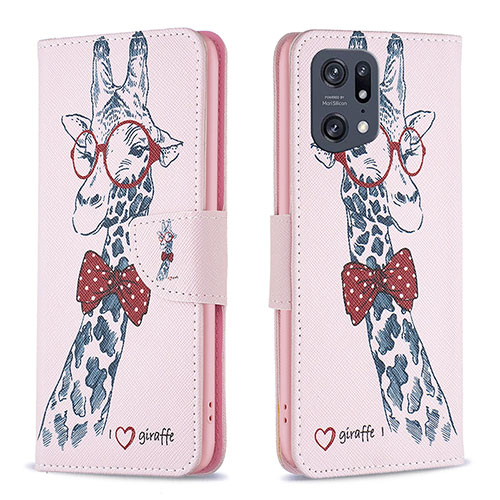 Leather Case Stands Fashionable Pattern Flip Cover Holder B01F for Oppo Find X5 Pro 5G Pink