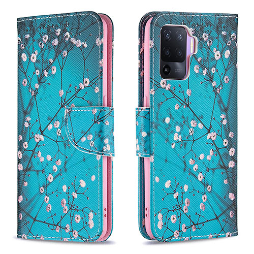 Leather Case Stands Fashionable Pattern Flip Cover Holder B01F for Oppo Reno5 Lite Cyan