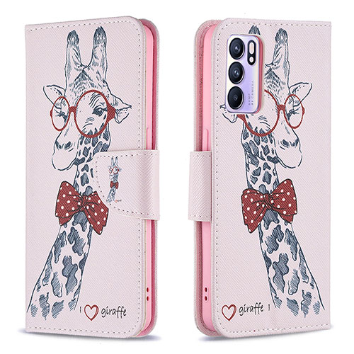 Leather Case Stands Fashionable Pattern Flip Cover Holder B01F for Oppo Reno6 5G Pink