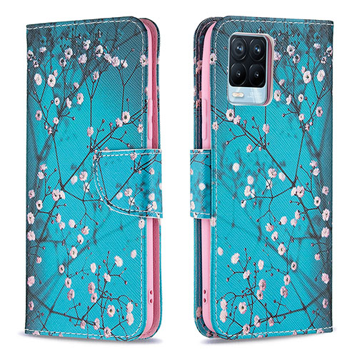 Leather Case Stands Fashionable Pattern Flip Cover Holder B01F for Realme 8 4G Cyan