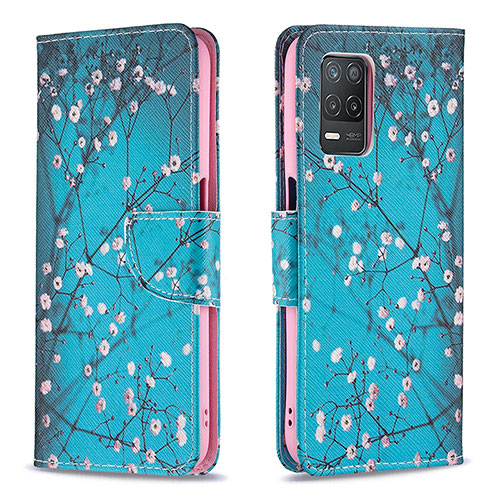 Leather Case Stands Fashionable Pattern Flip Cover Holder B01F for Realme 8 5G Cyan