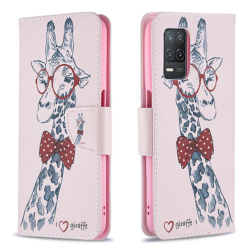 Leather Case Stands Fashionable Pattern Flip Cover Holder B01F for Realme 8 5G Pink