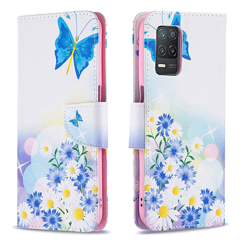 Leather Case Stands Fashionable Pattern Flip Cover Holder B01F for Realme 9 5G India Blue