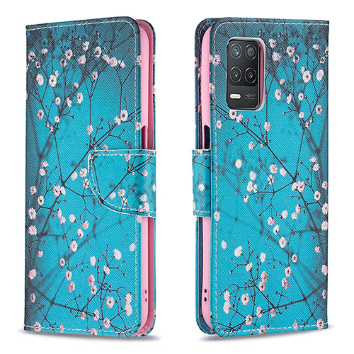 Leather Case Stands Fashionable Pattern Flip Cover Holder B01F for Realme 9 5G India Cyan