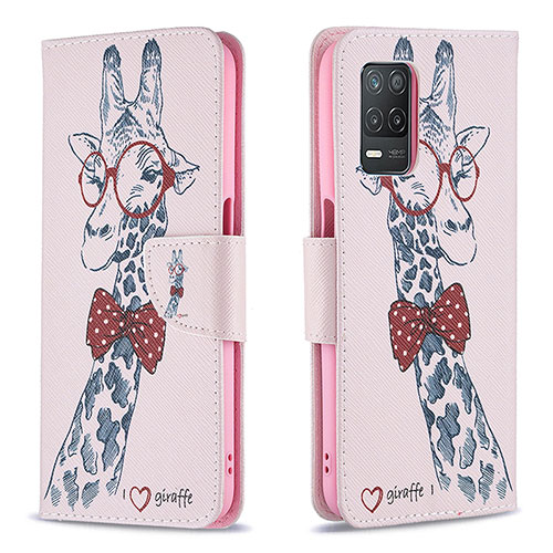 Leather Case Stands Fashionable Pattern Flip Cover Holder B01F for Realme 9 5G India Pink