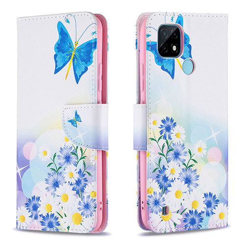 Leather Case Stands Fashionable Pattern Flip Cover Holder B01F for Realme C21 Blue