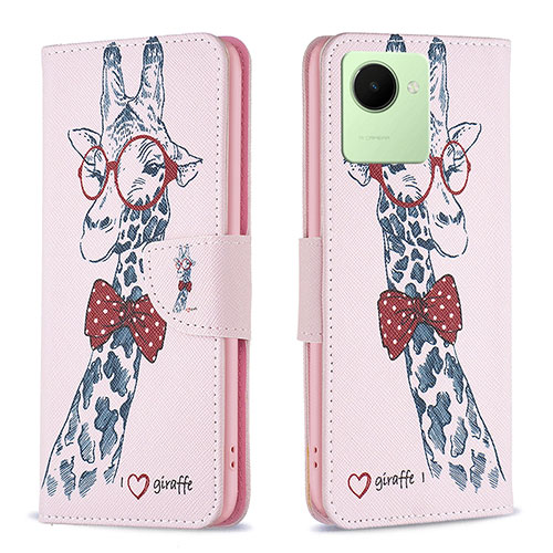 Leather Case Stands Fashionable Pattern Flip Cover Holder B01F for Realme C30 Pink