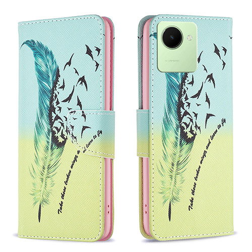 Leather Case Stands Fashionable Pattern Flip Cover Holder B01F for Realme C30s Matcha Green