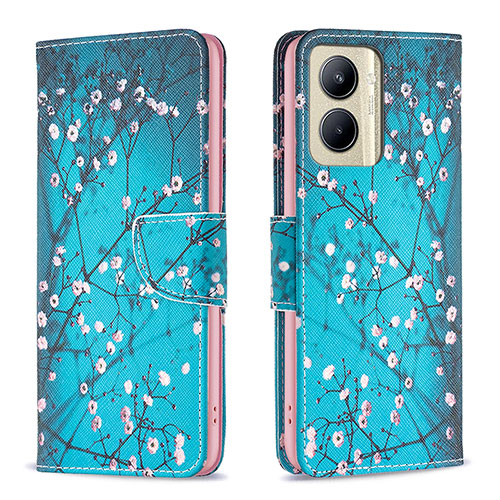 Leather Case Stands Fashionable Pattern Flip Cover Holder B01F for Realme C33 (2023) Cyan