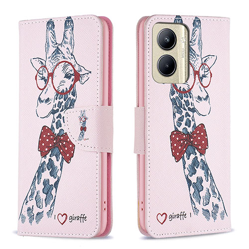 Leather Case Stands Fashionable Pattern Flip Cover Holder B01F for Realme C33 (2023) Pink