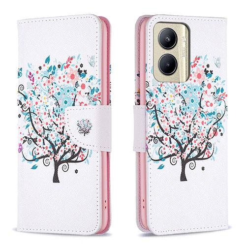 Leather Case Stands Fashionable Pattern Flip Cover Holder B01F for Realme C33 (2023) White