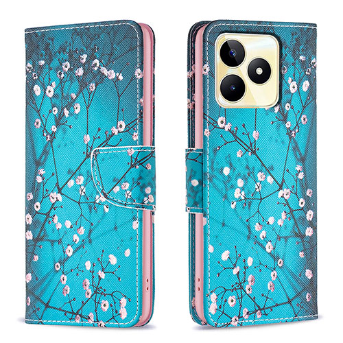 Leather Case Stands Fashionable Pattern Flip Cover Holder B01F for Realme C51 Cyan