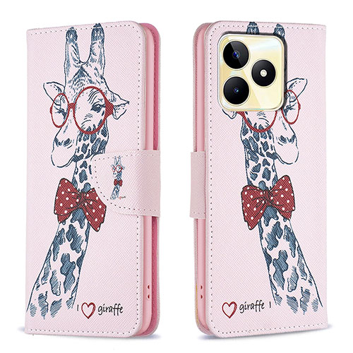 Leather Case Stands Fashionable Pattern Flip Cover Holder B01F for Realme C53 Pink