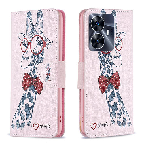 Leather Case Stands Fashionable Pattern Flip Cover Holder B01F for Realme C55 Pink