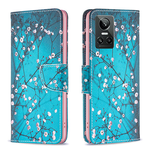 Leather Case Stands Fashionable Pattern Flip Cover Holder B01F for Realme GT Neo3 5G Cyan