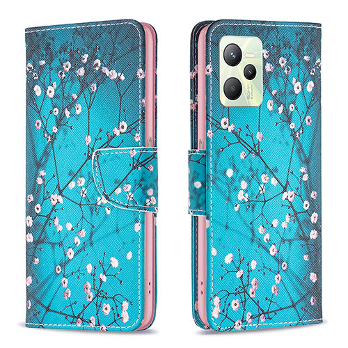 Leather Case Stands Fashionable Pattern Flip Cover Holder B01F for Realme Narzo 50A Prime Cyan