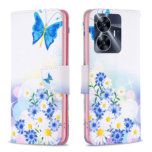 Leather Case Stands Fashionable Pattern Flip Cover Holder B01F for Realme Narzo N55 Blue