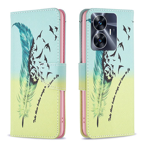 Leather Case Stands Fashionable Pattern Flip Cover Holder B01F for Realme Narzo N55 Matcha Green