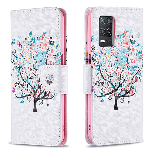 Leather Case Stands Fashionable Pattern Flip Cover Holder B01F for Realme Q3 5G White