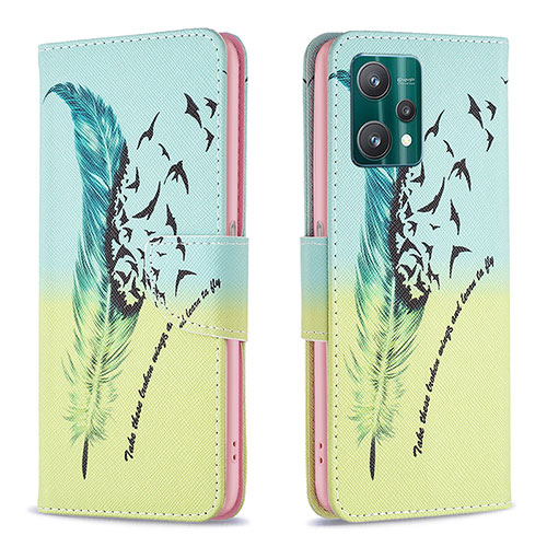 Leather Case Stands Fashionable Pattern Flip Cover Holder B01F for Realme Q5 5G Matcha Green