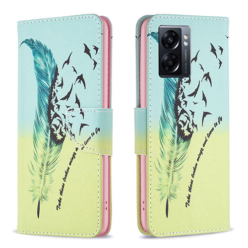 Leather Case Stands Fashionable Pattern Flip Cover Holder B01F for Realme Q5i 5G Matcha Green