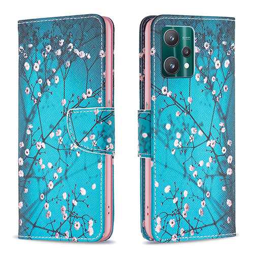 Leather Case Stands Fashionable Pattern Flip Cover Holder B01F for Realme V25 5G Cyan