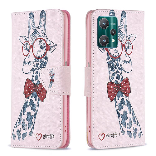 Leather Case Stands Fashionable Pattern Flip Cover Holder B01F for Realme V25 5G Pink