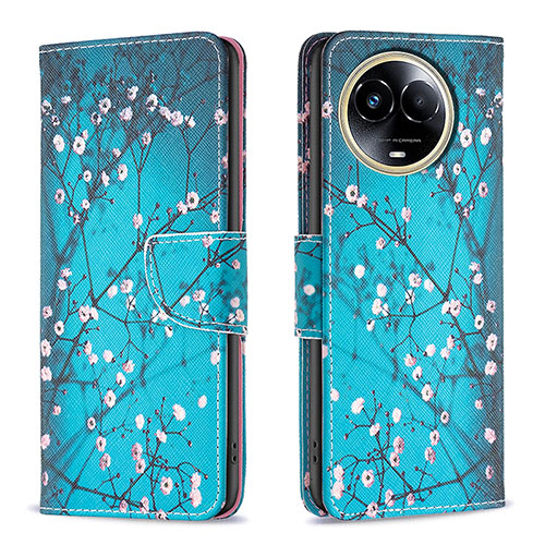Leather Case Stands Fashionable Pattern Flip Cover Holder B01F for Realme V50 5G Cyan