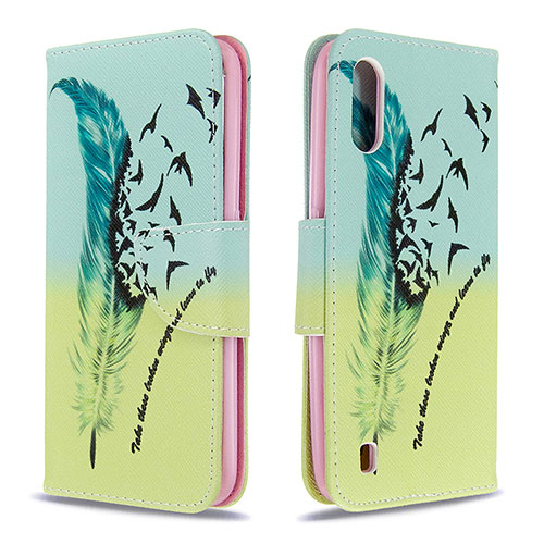 Leather Case Stands Fashionable Pattern Flip Cover Holder B01F for Samsung Galaxy A01 SM-A015 Matcha Green