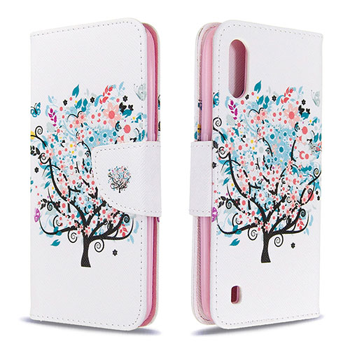 Leather Case Stands Fashionable Pattern Flip Cover Holder B01F for Samsung Galaxy A01 SM-A015 White