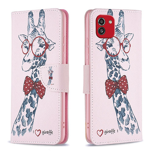 Leather Case Stands Fashionable Pattern Flip Cover Holder B01F for Samsung Galaxy A03 Pink